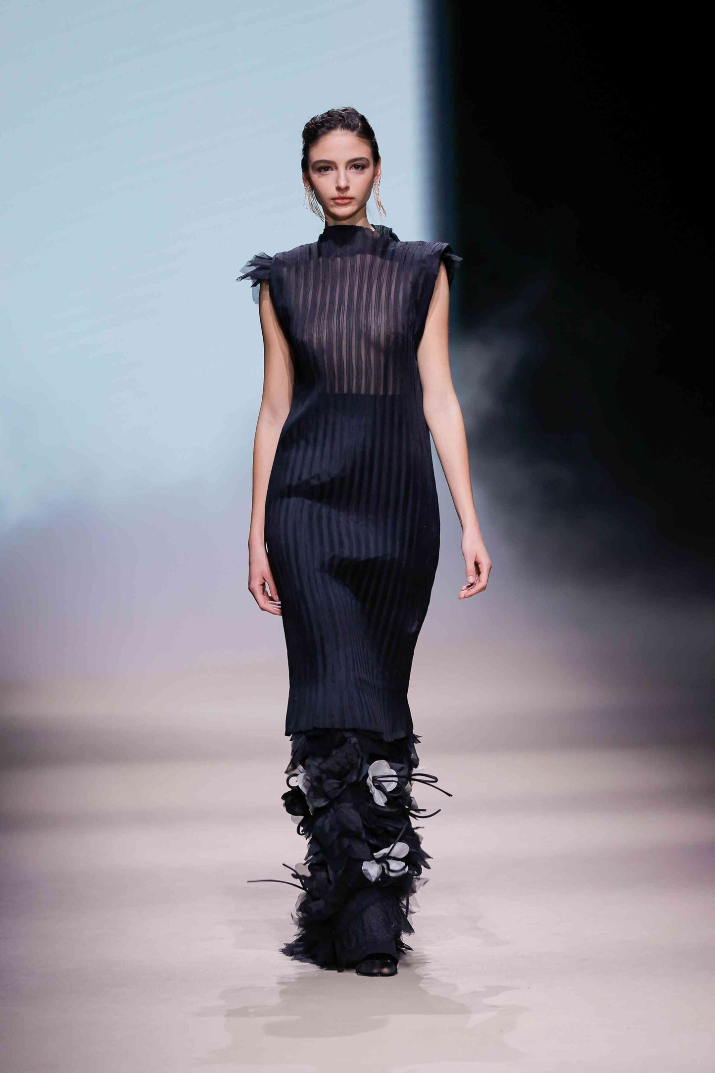 3D Appliqué Pleated Column Gown