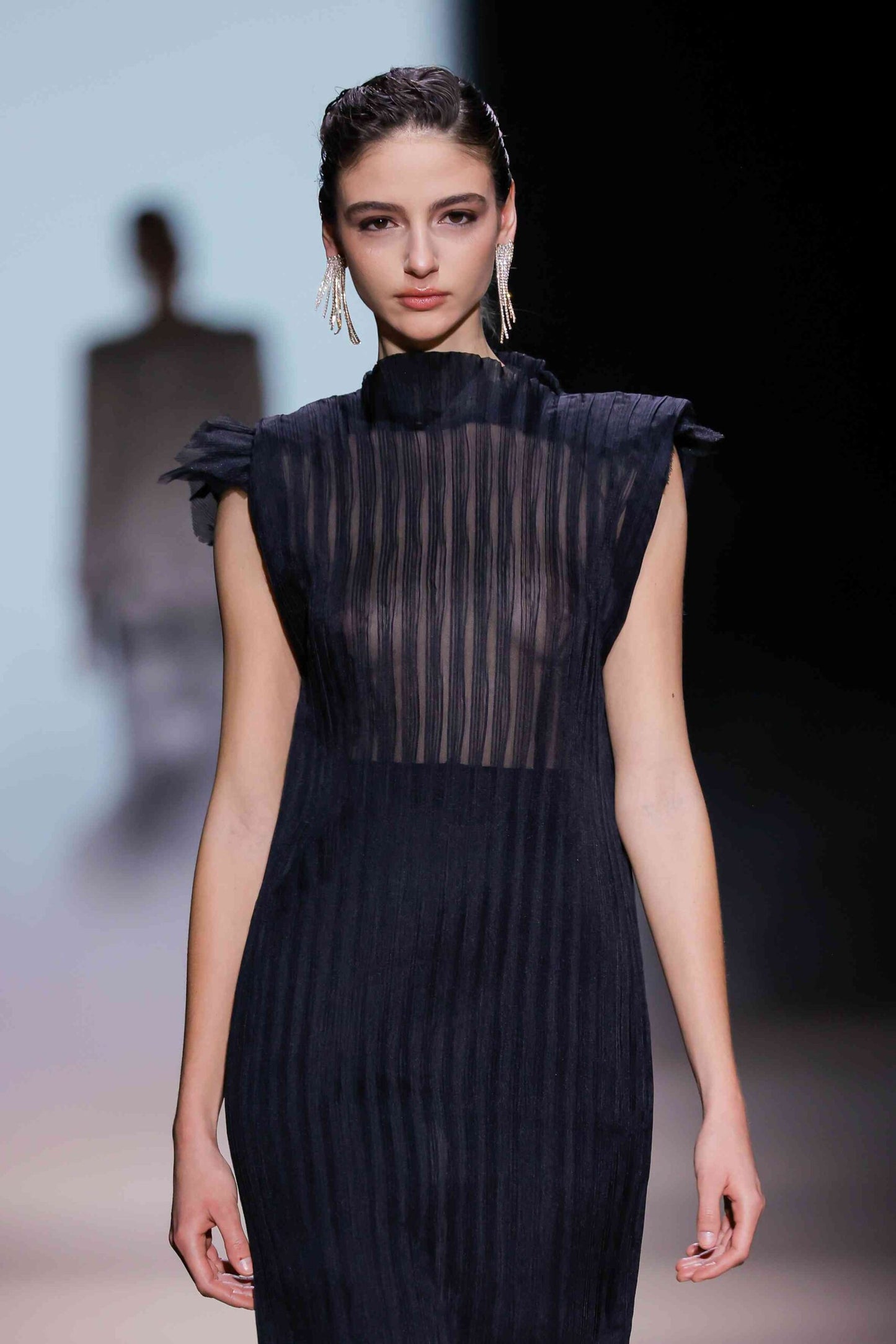 3D Appliqué Pleated Column Gown
