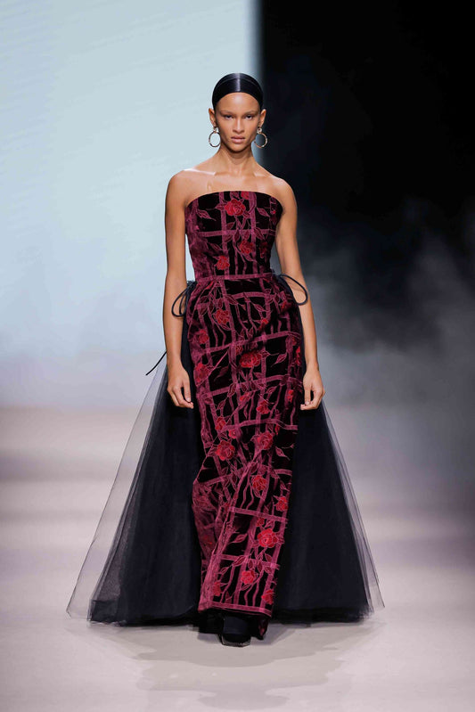 Strapless Floral Column Gown with Tail