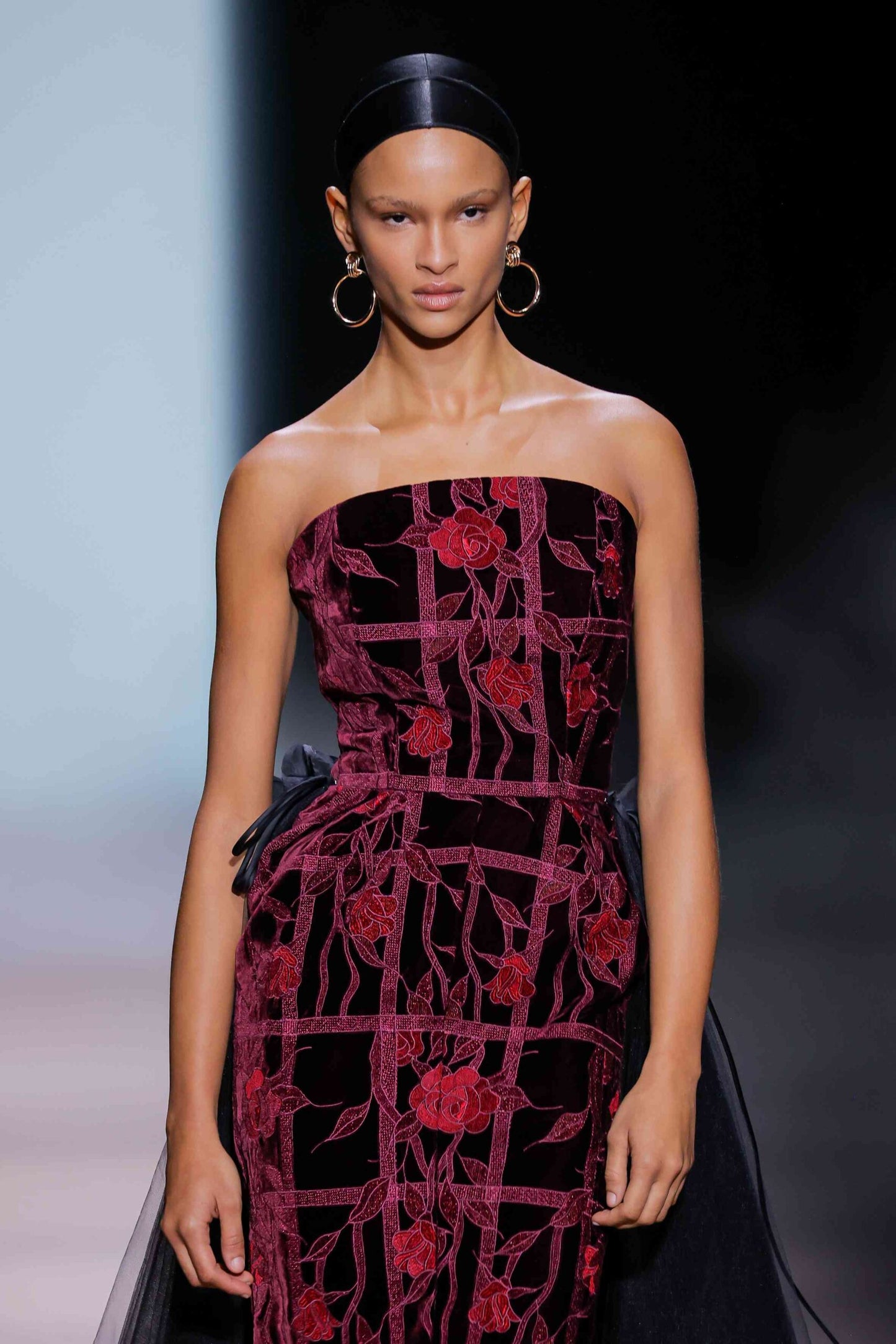 Strapless Floral Column Gown with Tail