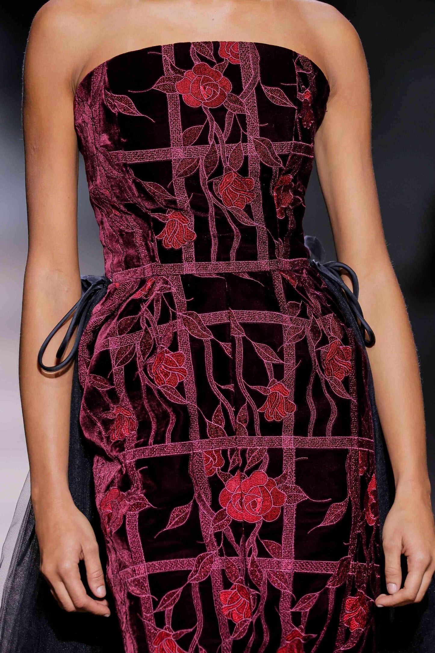 Strapless Floral Column Gown with Tail