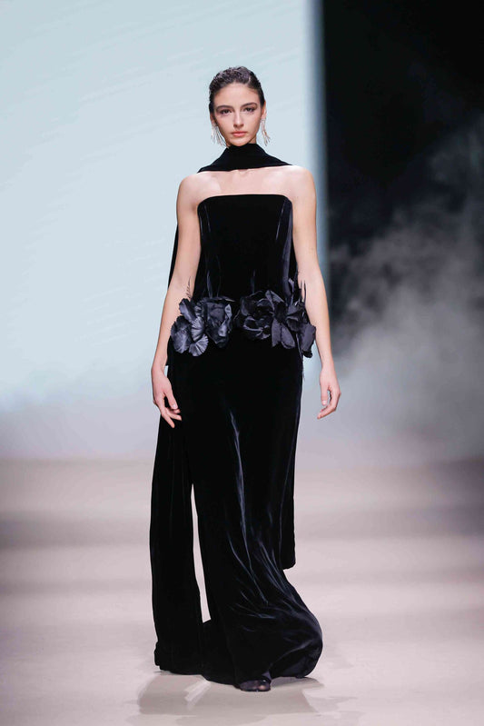 Strapless Floral Appliqué Column Gown and Cape