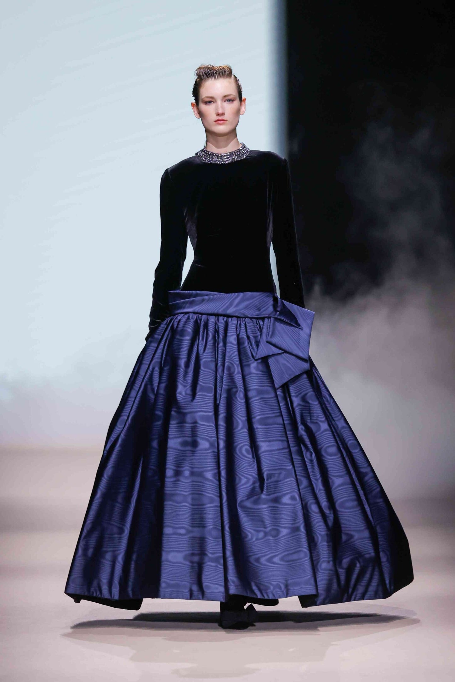 Jeweled Collar Velvet A-Line Gown