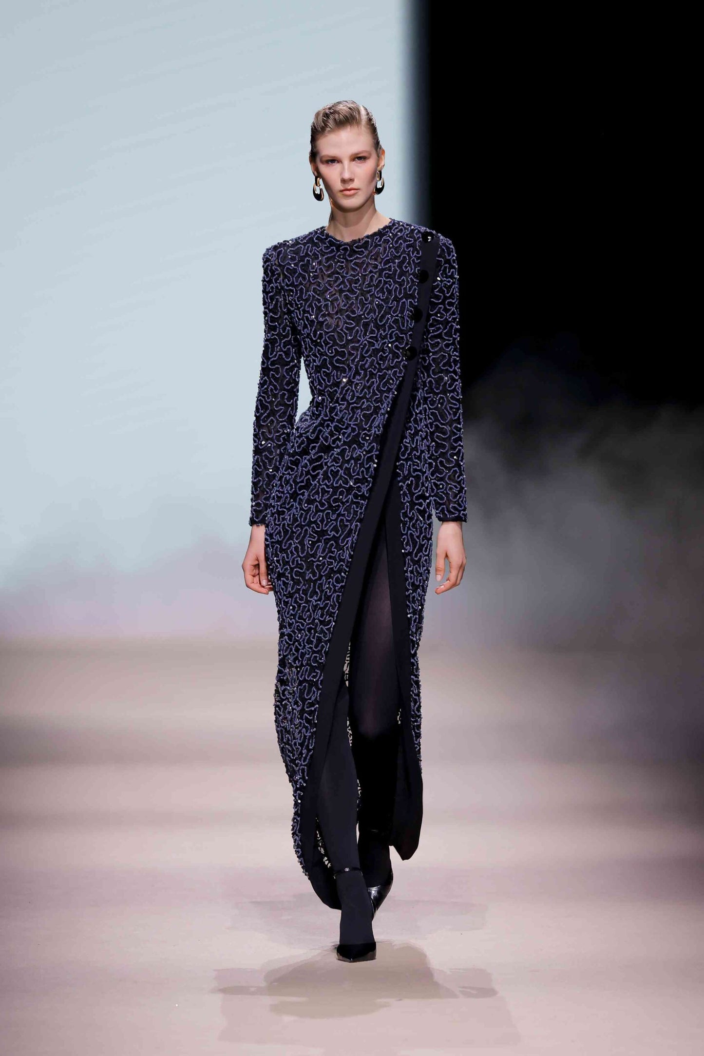 Long Sleeve Sequin Mesh Column Gown