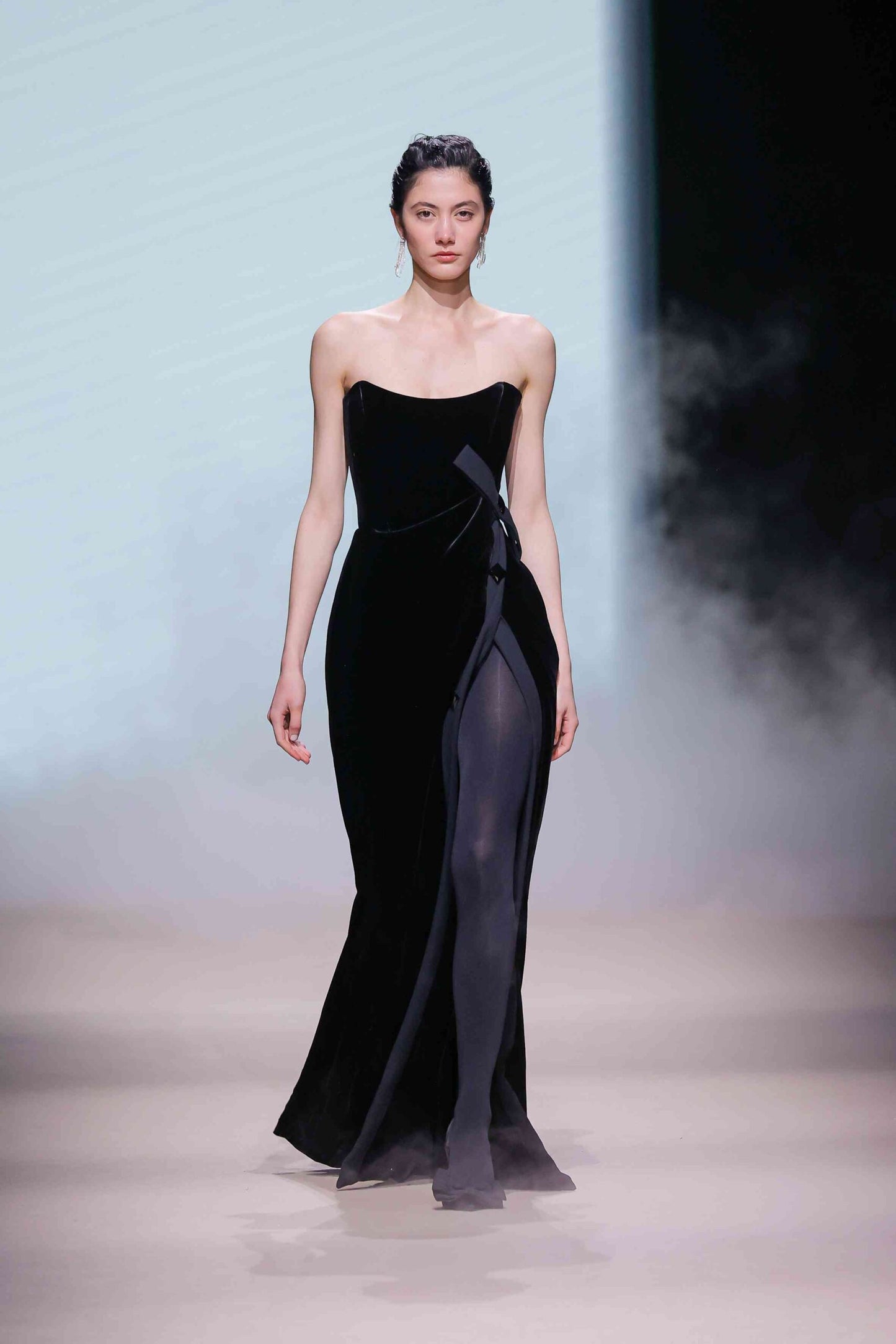 Strapless Velvet Draped Gown