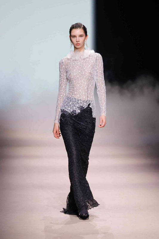 Geometric Lace and Sequin Mesh Column Gown