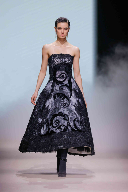 Strapless Sculptural Lace Midi Dress