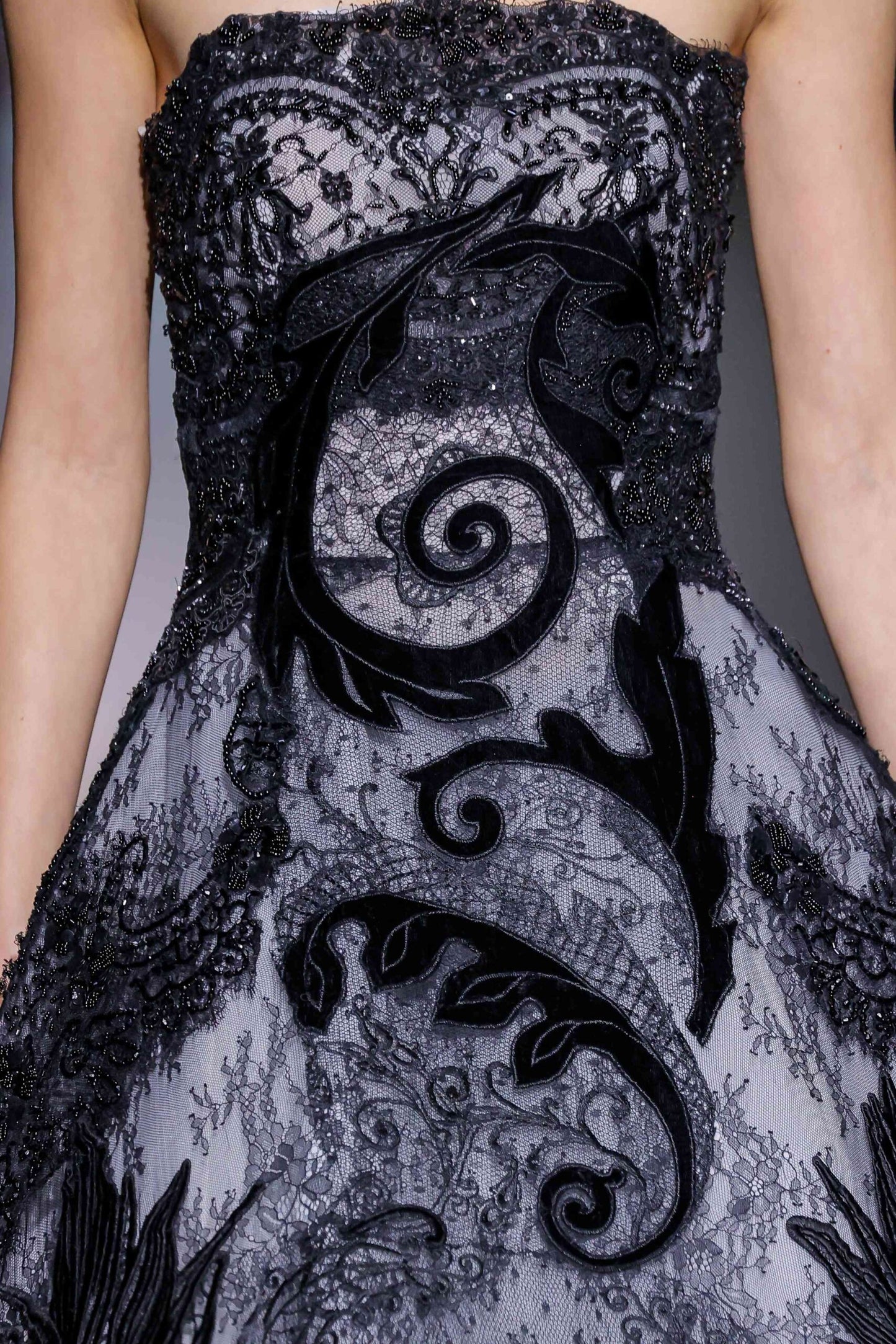 Strapless Sculptural Lace Midi Dress