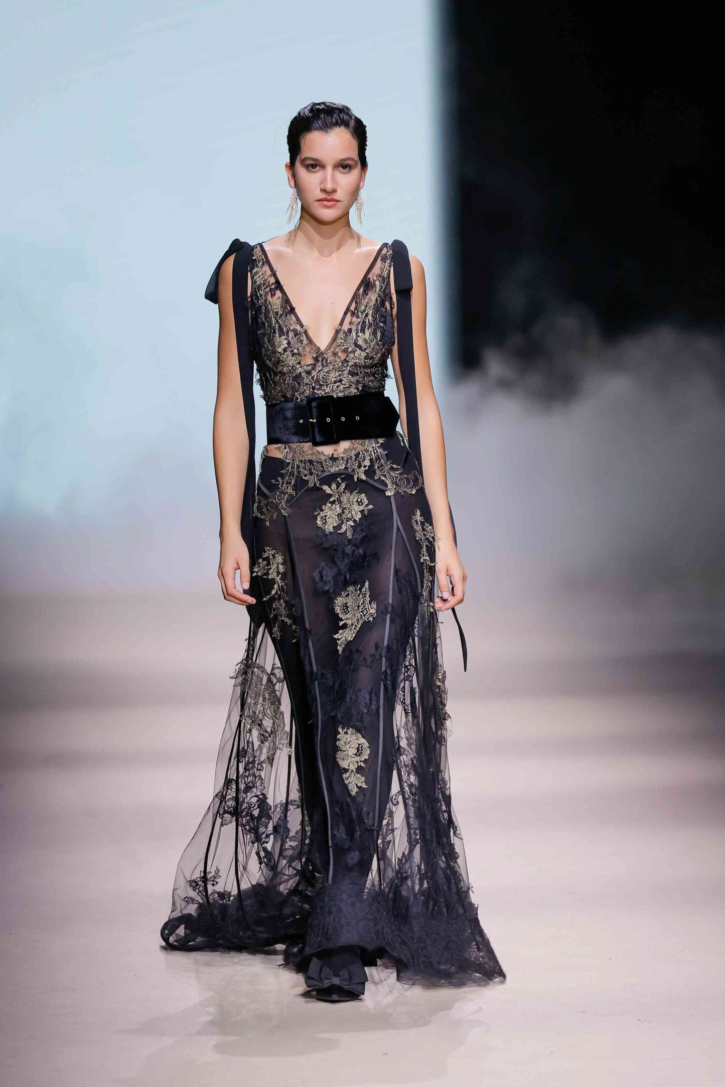 Belted Embroidered Tulle V-Neck Gown
