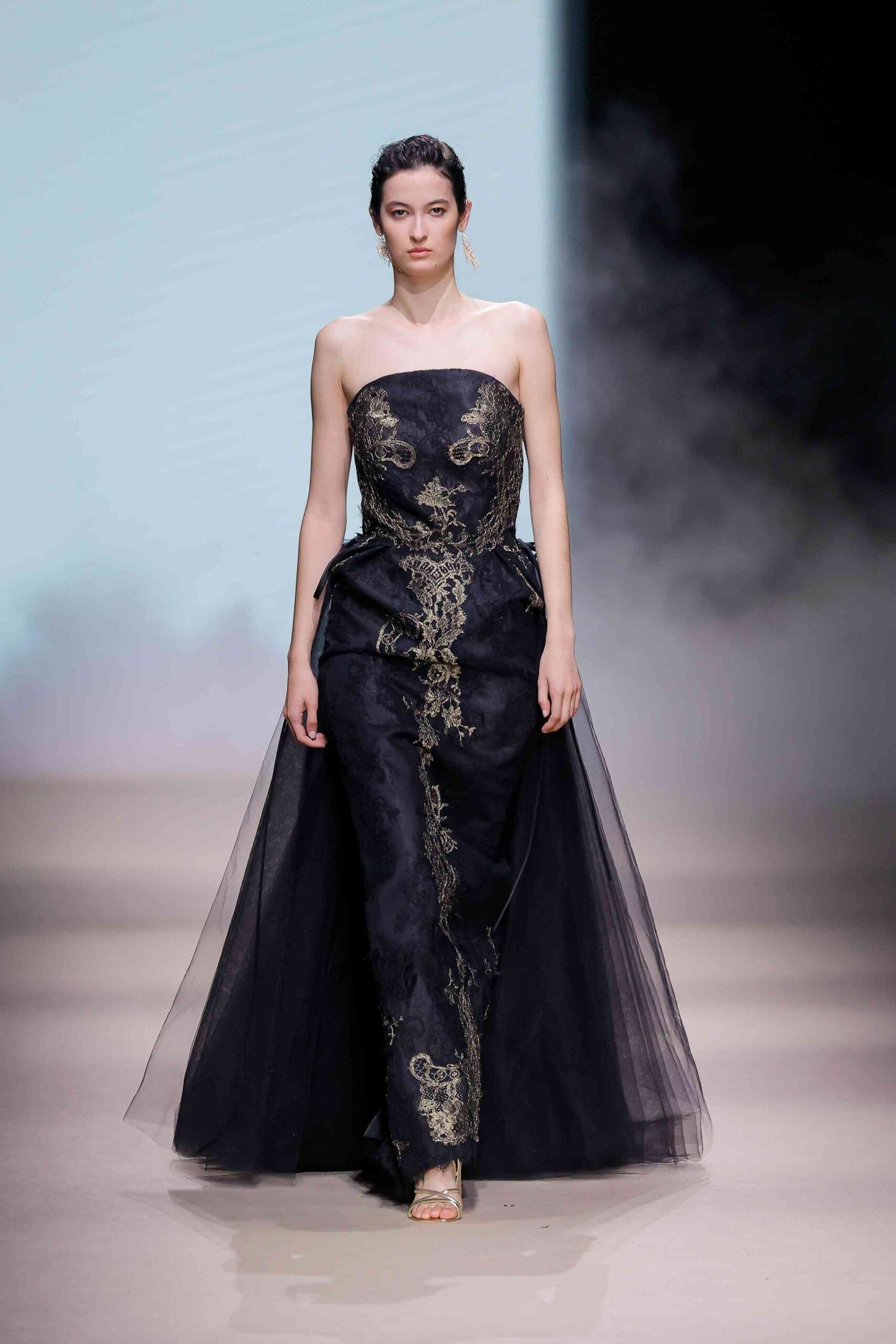 Strapless Embroidered Gown with Tail