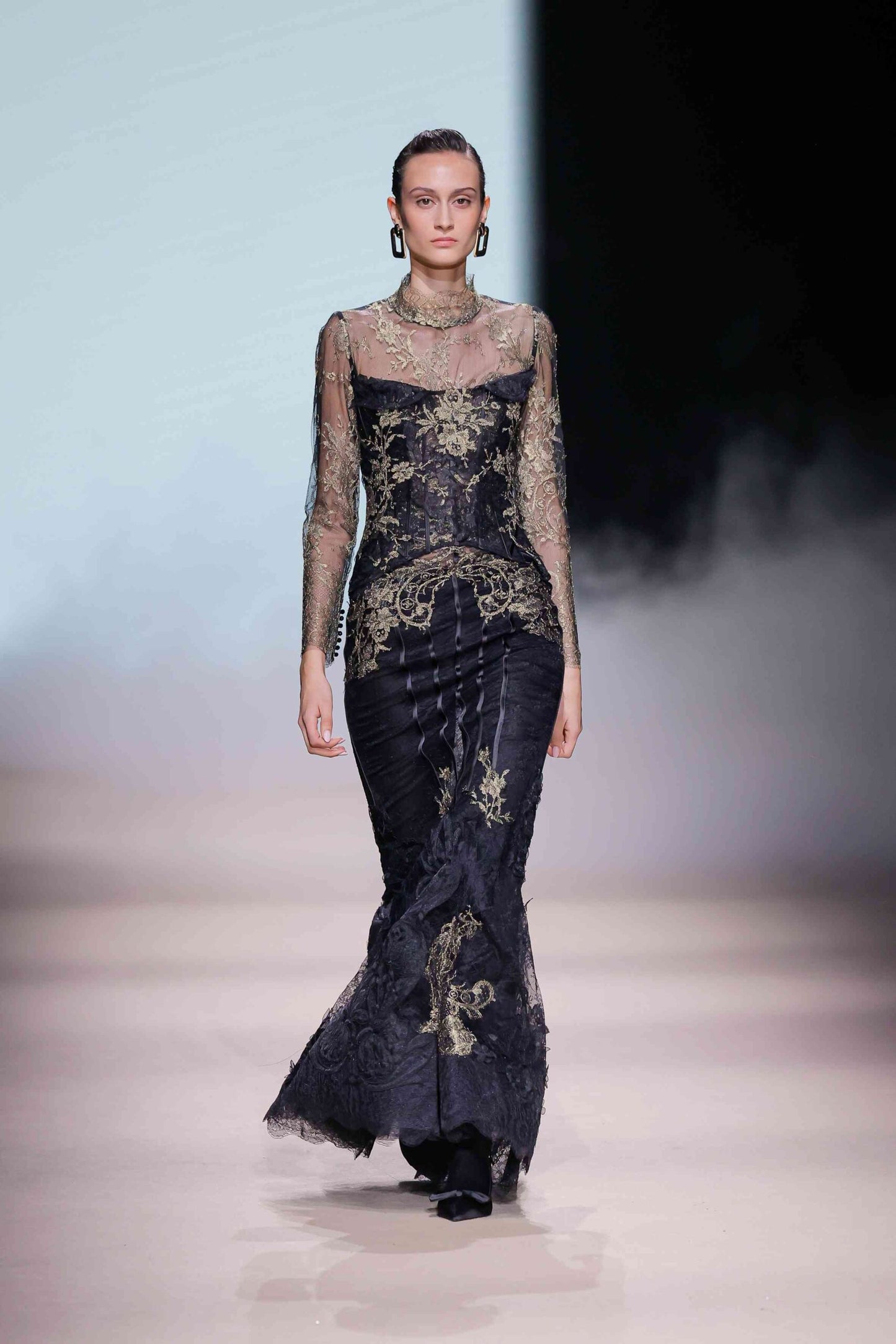 Long Sleeve with High-Neck Embroidered Corset Gown