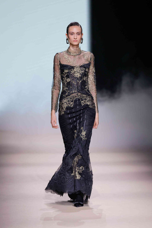 Long Sleeve with High-Neck Embroidered Corset Gown