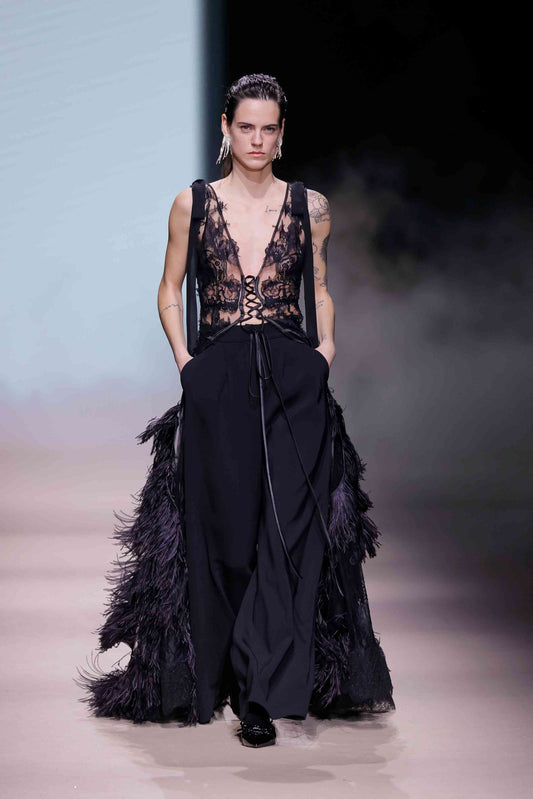 Floral Lace-Up Gown with Trousers