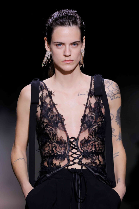 Floral Lace-Up Gown with Trousers