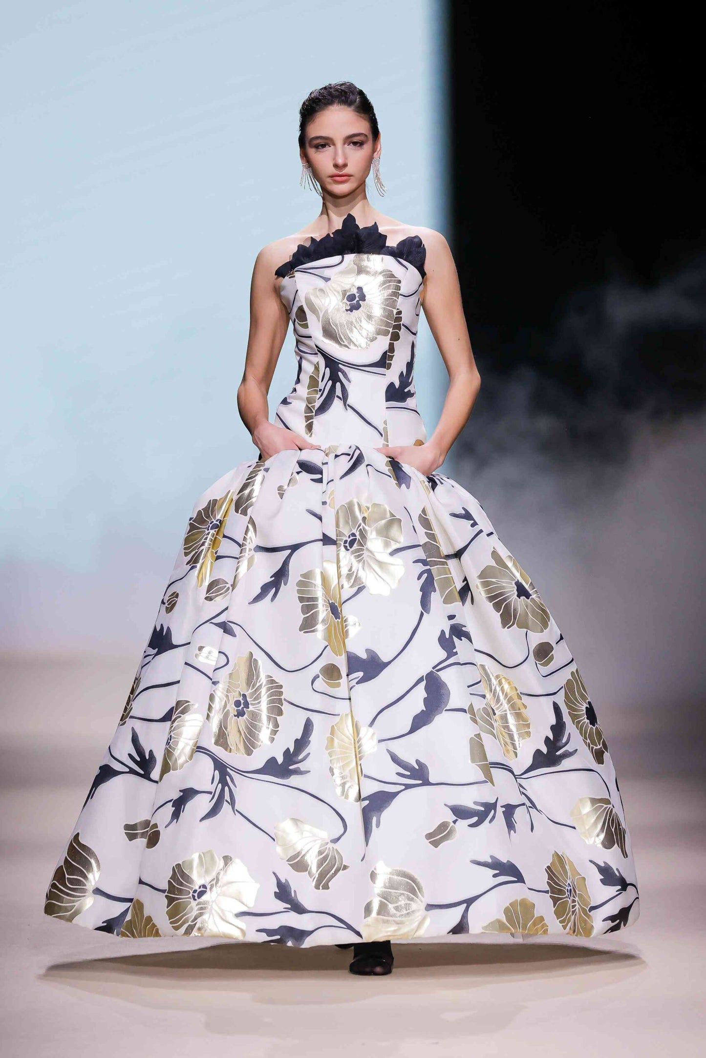 Strapless Sculptural Floral Ball Gown