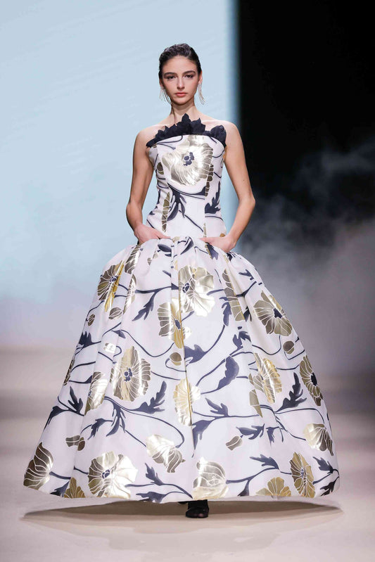 Strapless Sculptural Floral Ball Gown