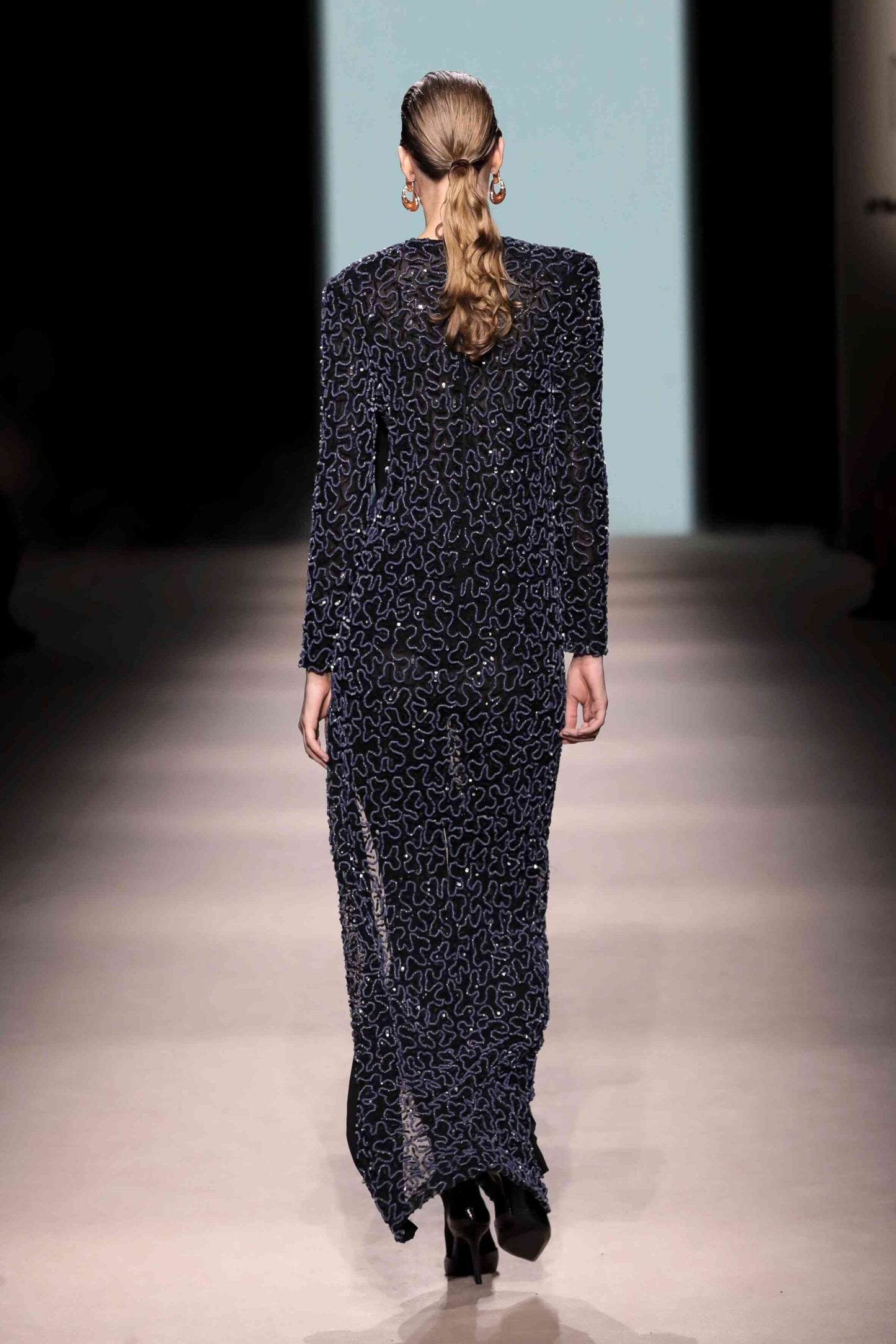 Long Sleeve Sequin Mesh Column Gown