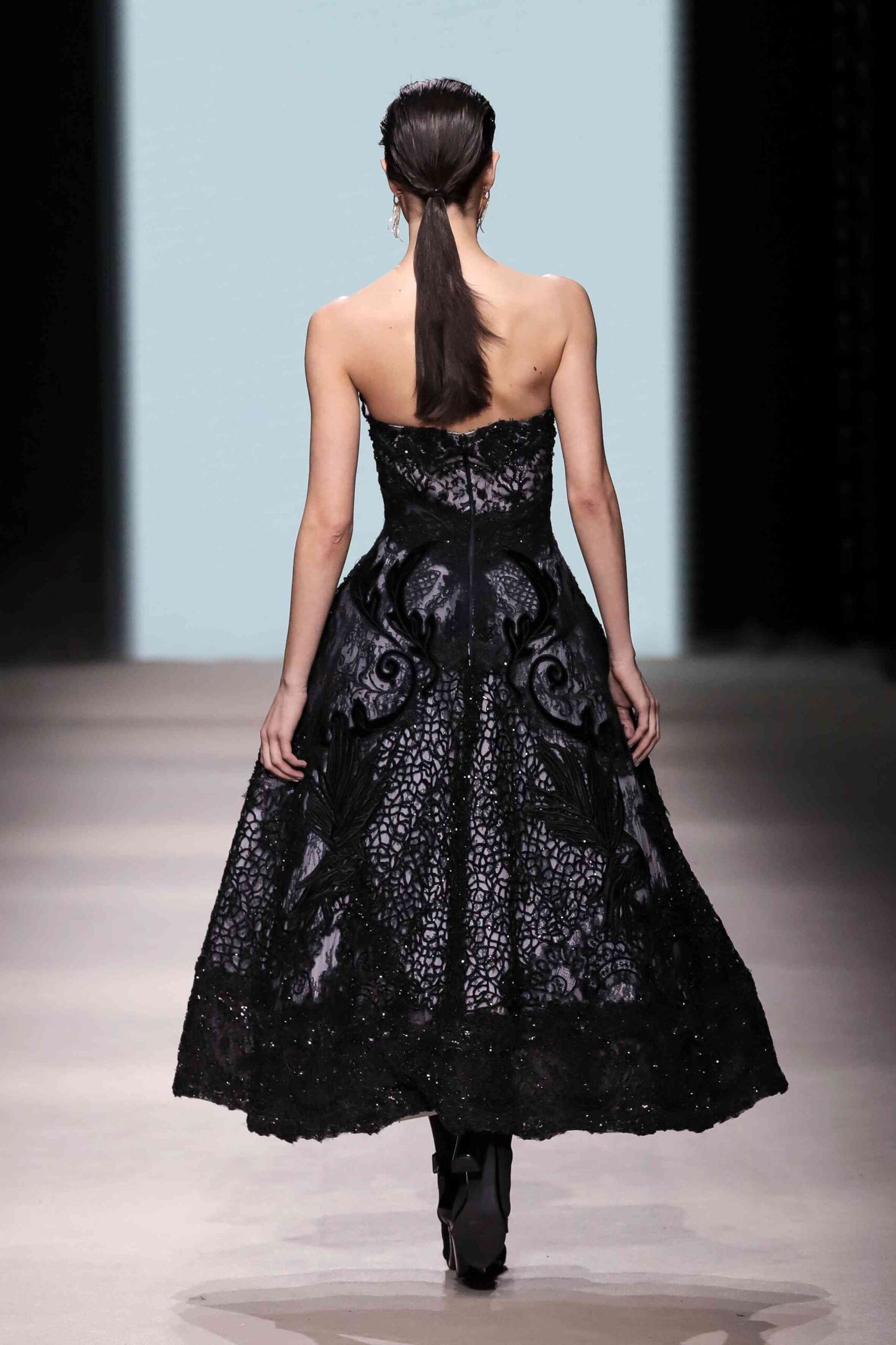 Strapless Sculptural Lace Midi Dress
