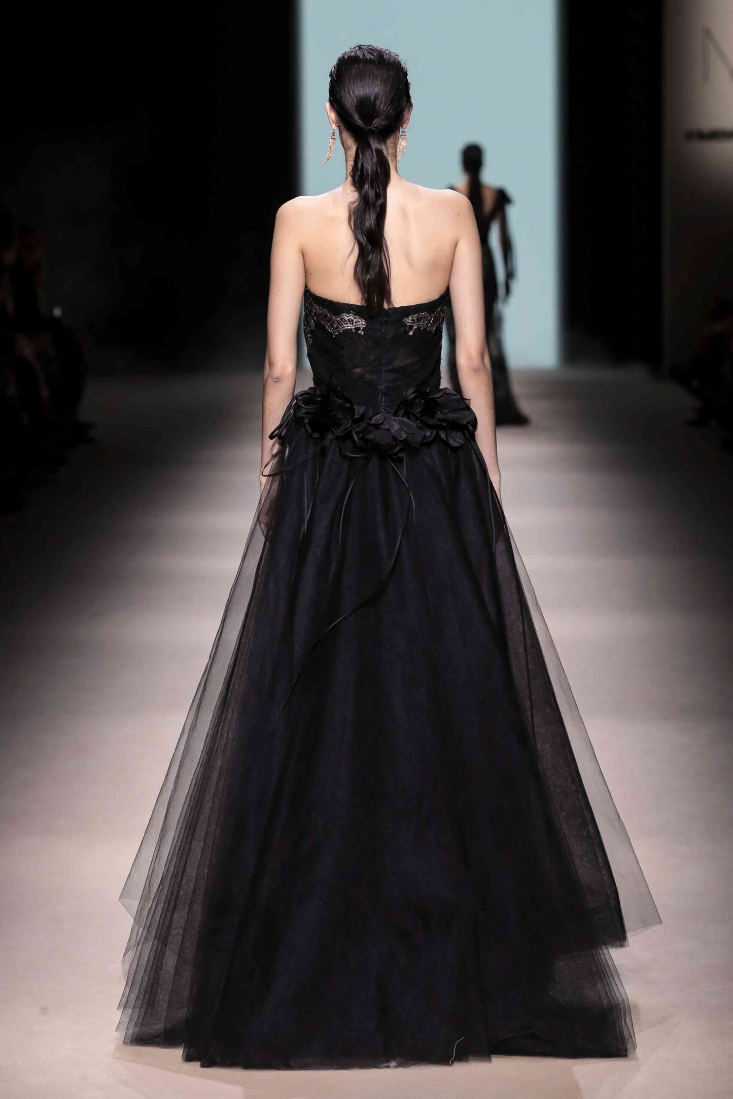 Strapless Embroidered Gown with Tail