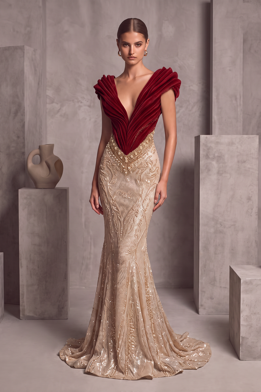 Short Sleeve Ruffled Bodice Gown