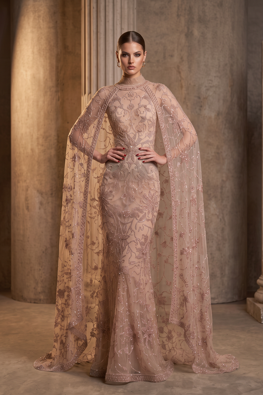 Caped Shoulder Evening Gown