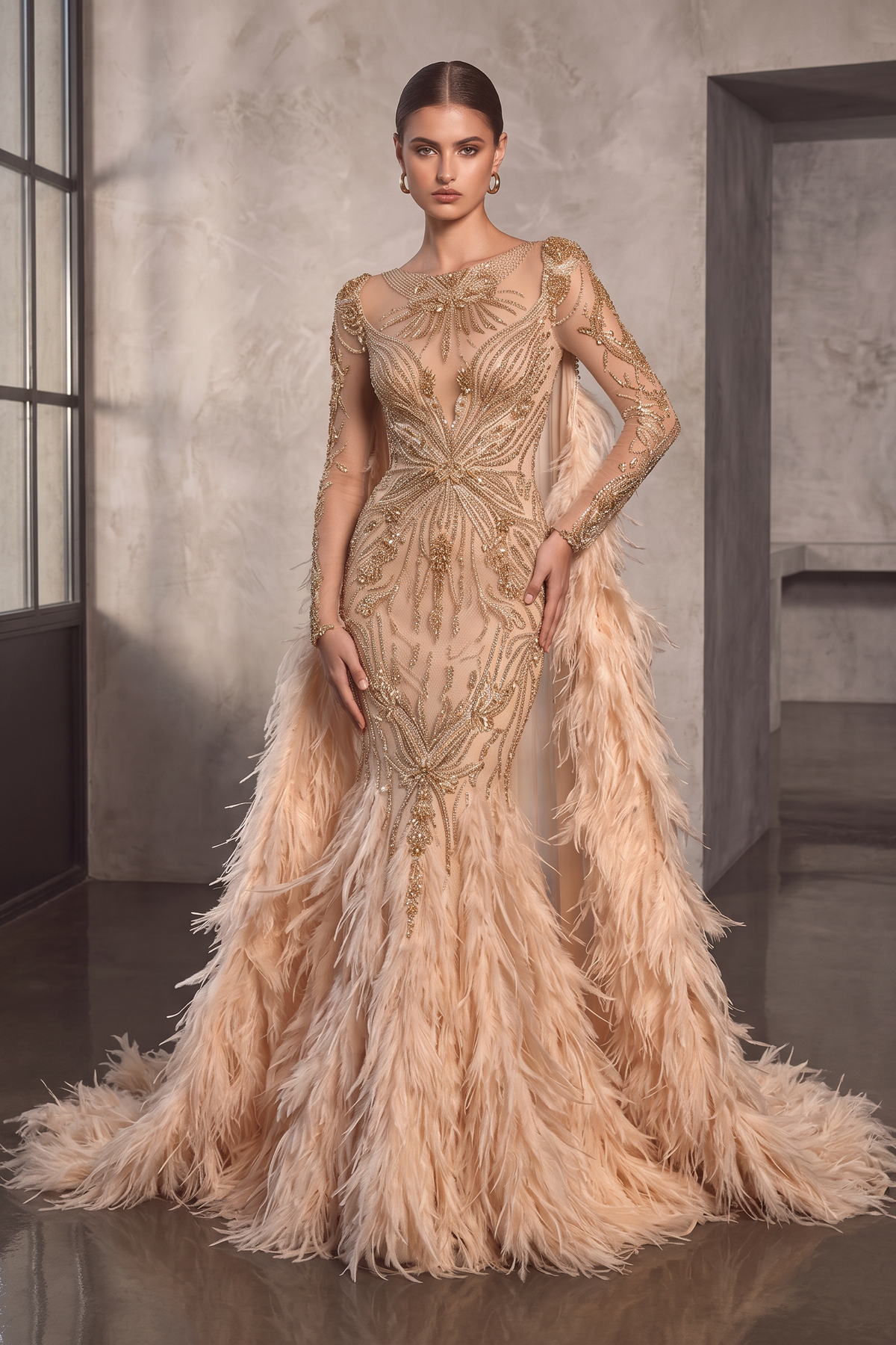 Embroidered Draped Feather Gown