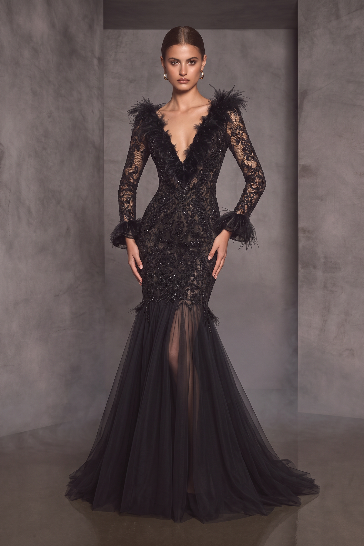 Lace Sleeve V-Neck Gown