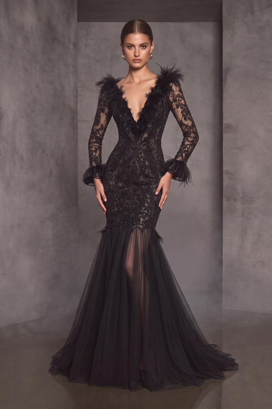 Lace Sleeve V-Neck Gown