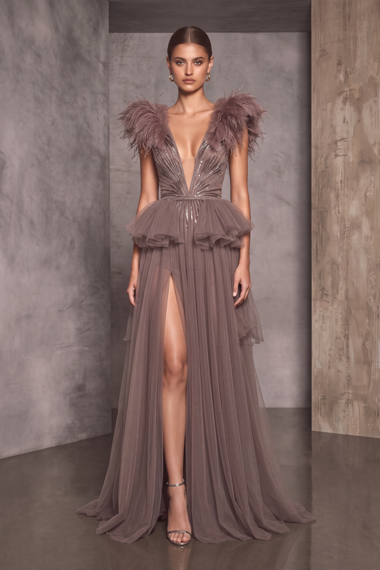 Embellished Tulle Slit Gown