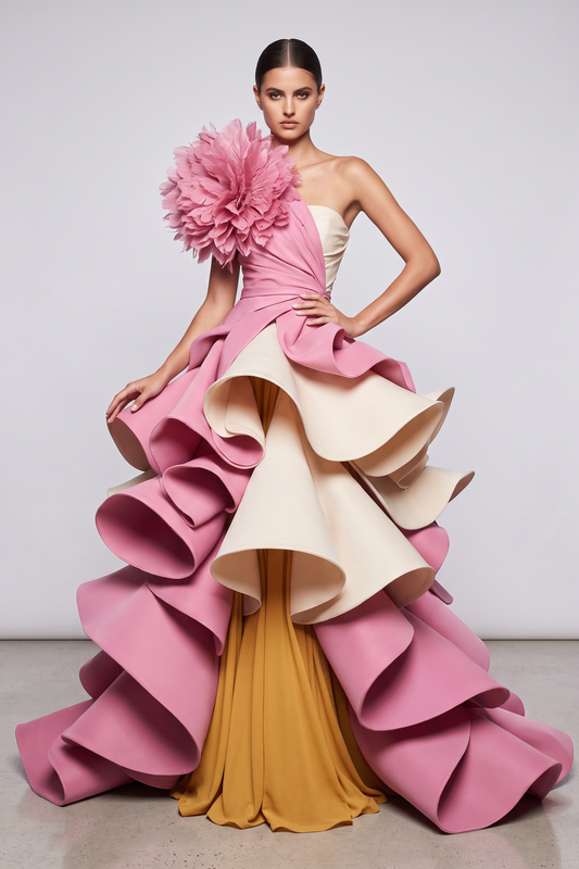 Ruffled Shoulder Cascading Gown
