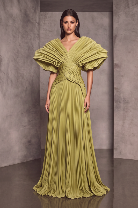 Fully Pleated Short-Sleeve Gown