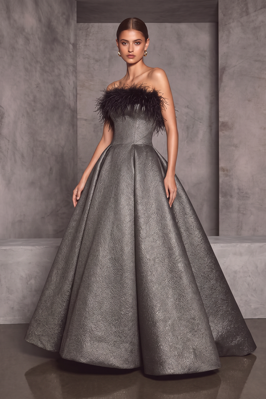 Feathered Strapless A-Line Gown