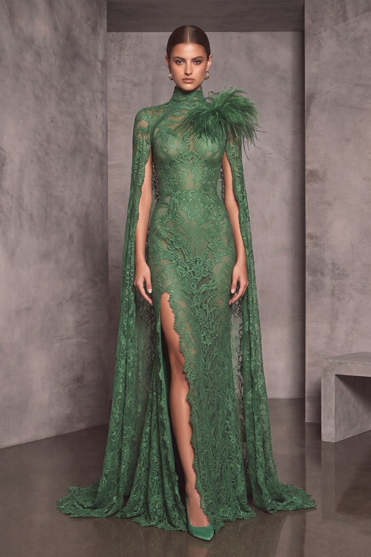 Cut Detailed Shoulder Cape Gown