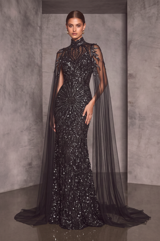 Draping Illusion Sleeve Gown