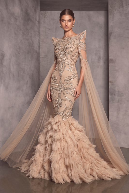 Embroidered Draped Long Sleeve Gown