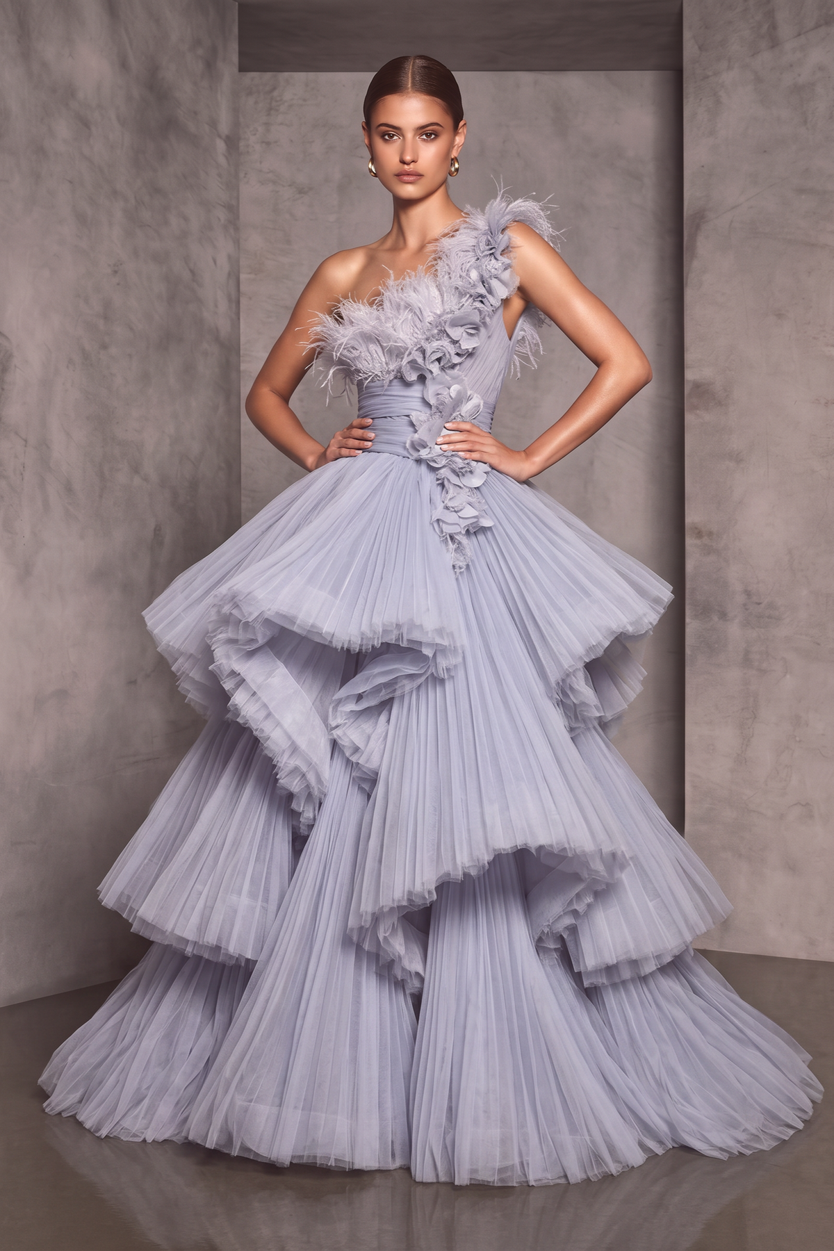 One-Shoulder Tiered Ruffle Gown