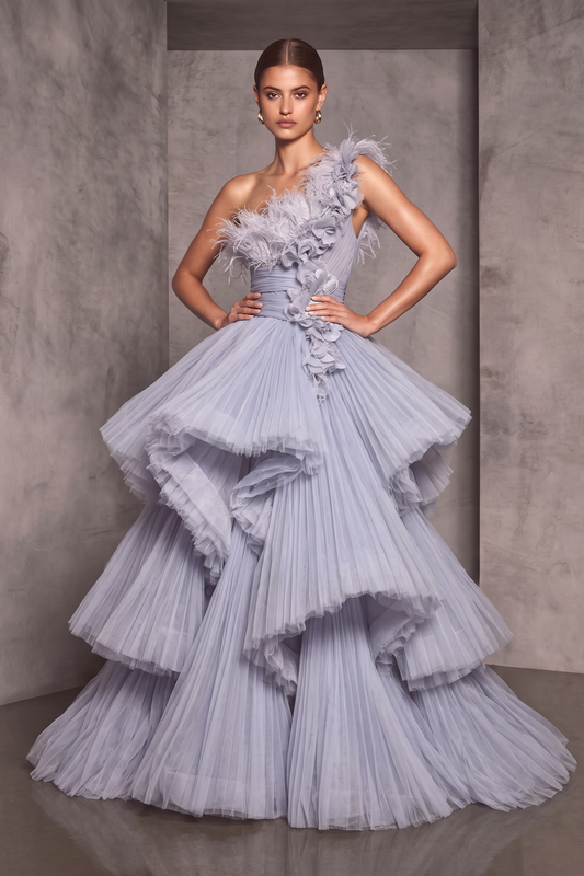One-Shoulder Tiered Ruffle Gown