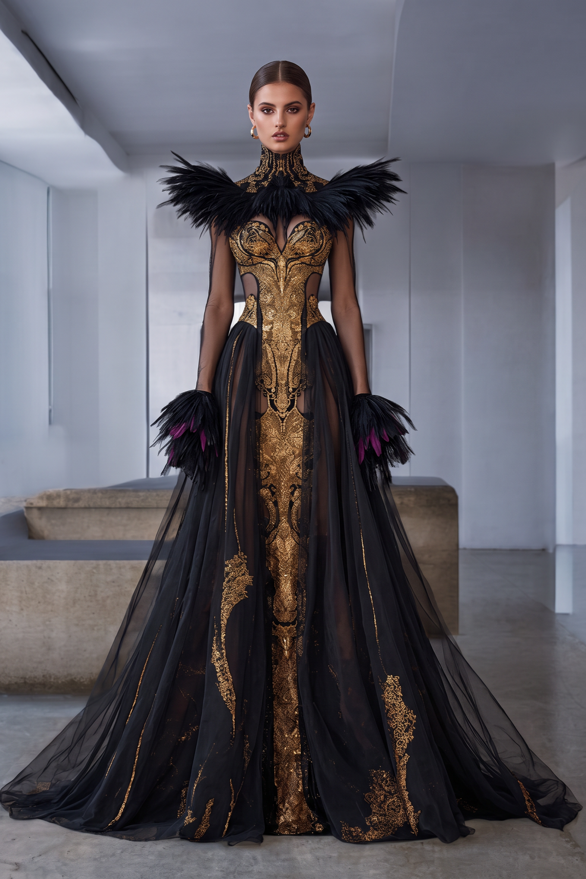 Vestido de cuello alto y puño acampanado