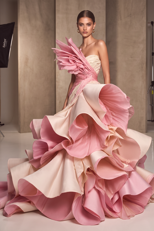 Strapless Structured Ruffled Gown