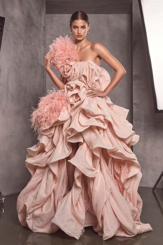 Feathered Sleeve A-Line Gown