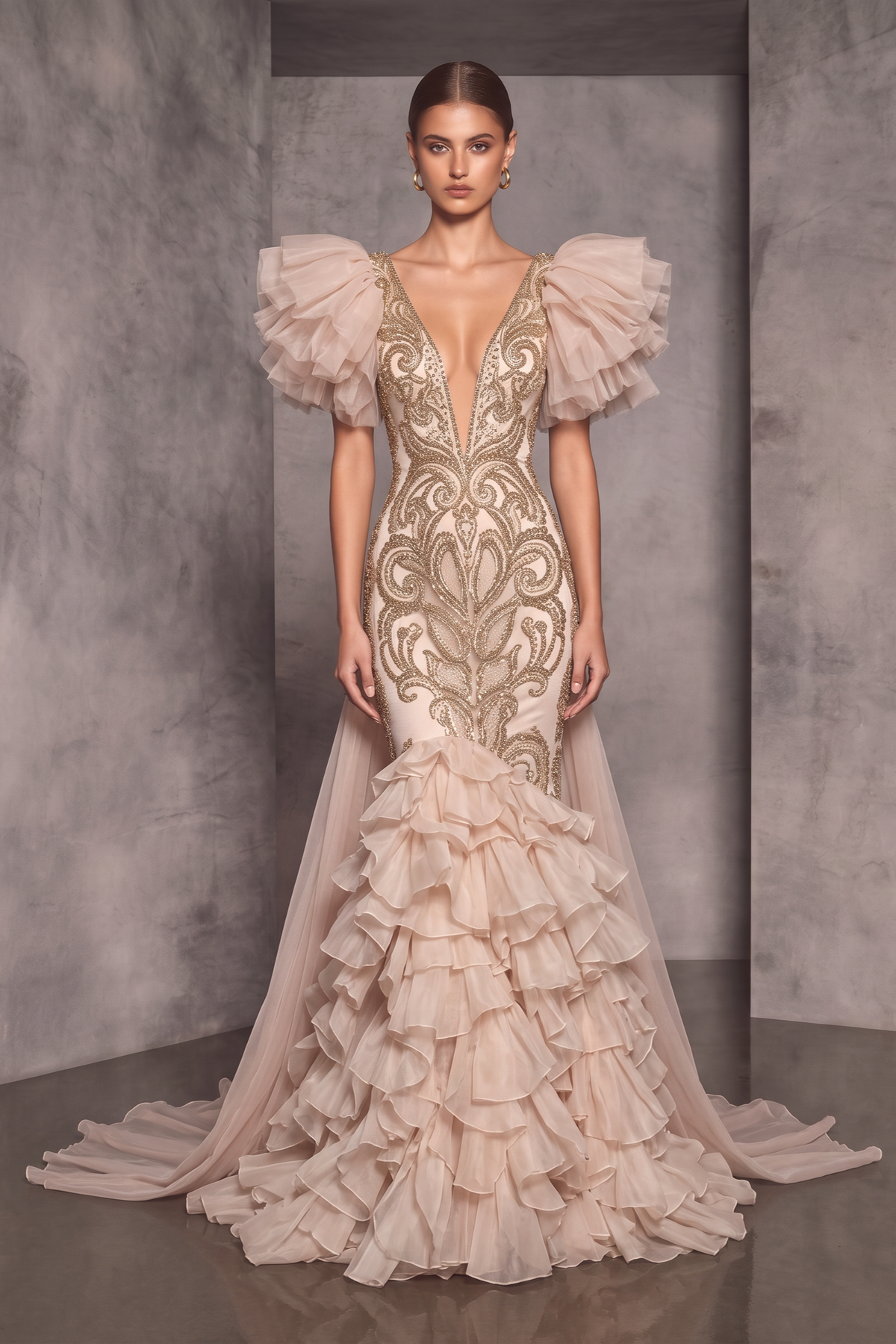 Puff Sleeve Embellished Gown
