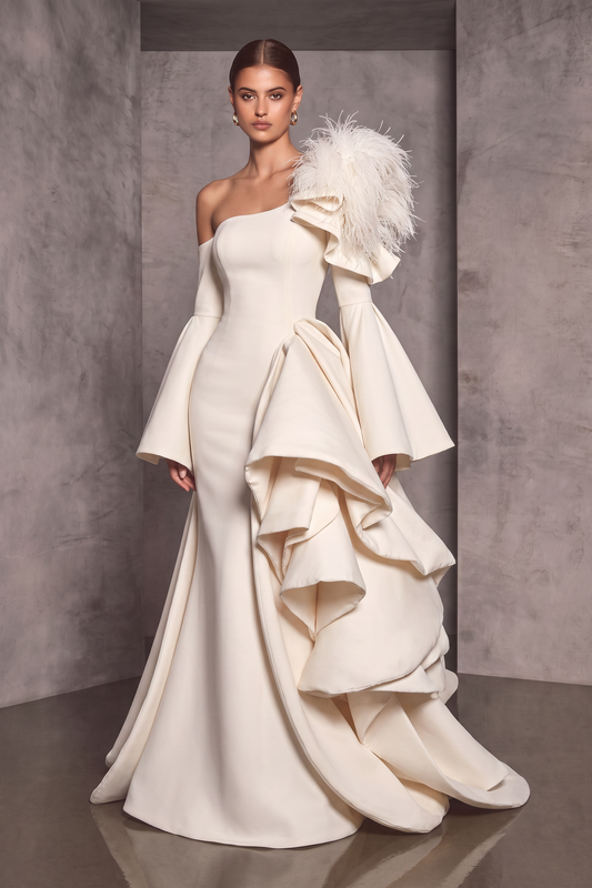 Side Ruffle Romain Gown