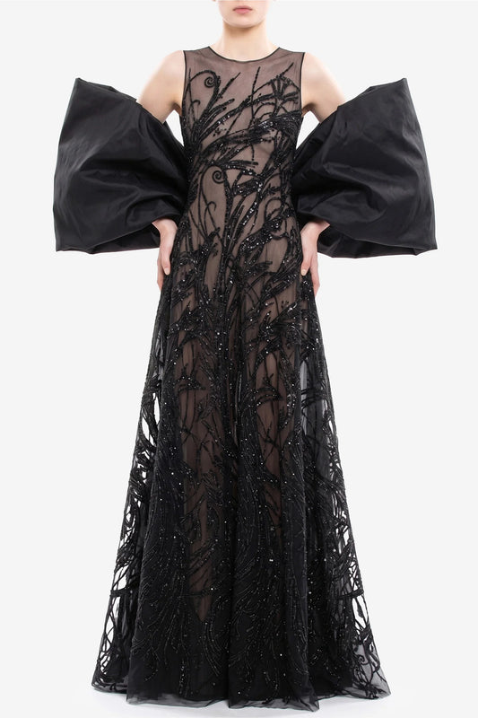 Embroidered Long Dress with Cape