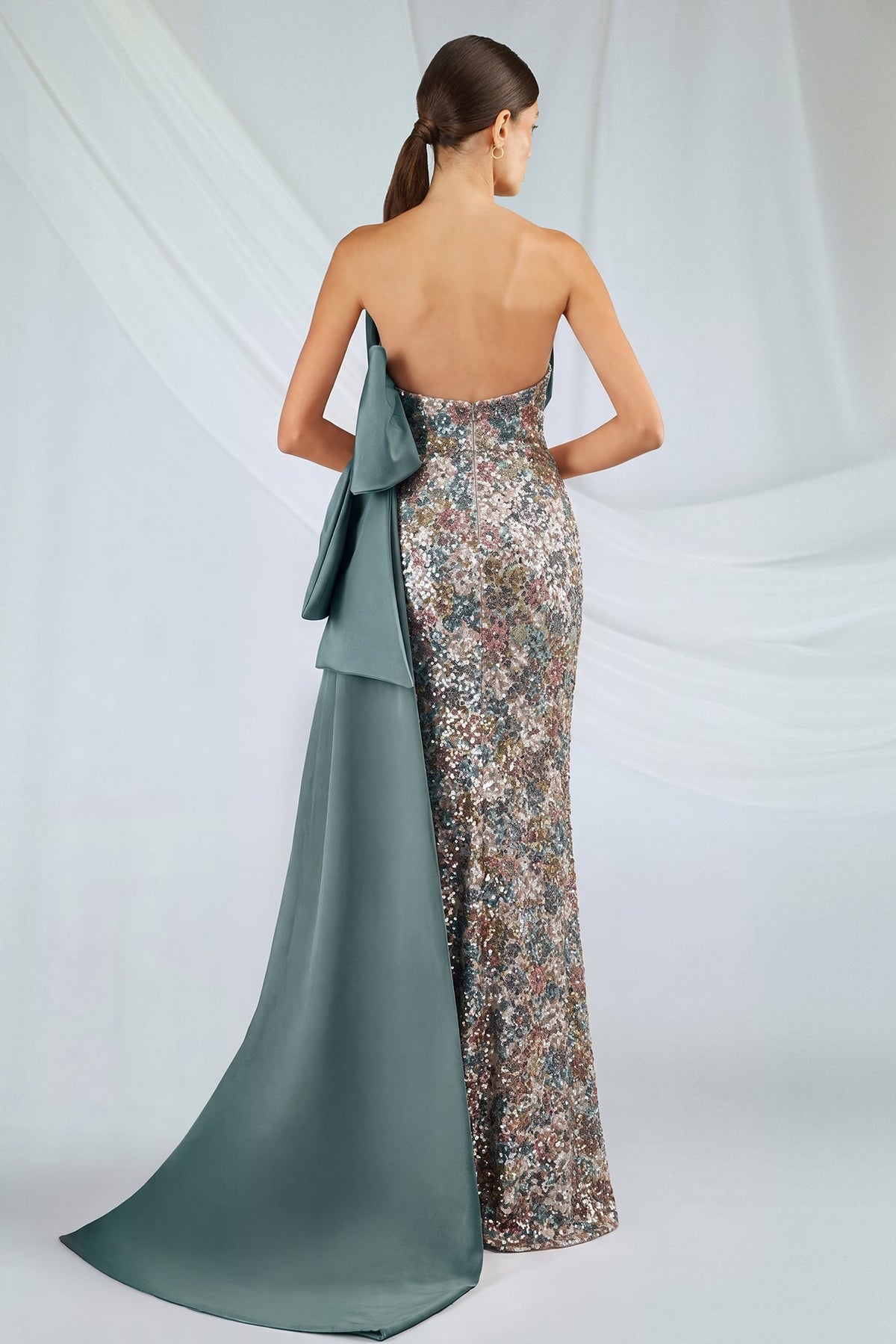 Satin-Train Floral Sequin Gown