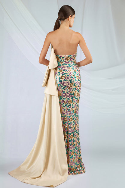 Satin-Bodice Sequin Bow Gown
