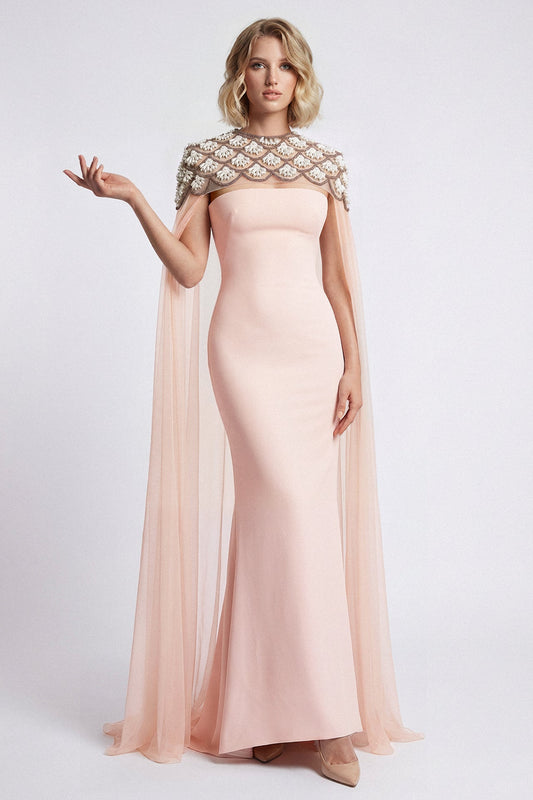 Strapless Beaded Capelet Gown