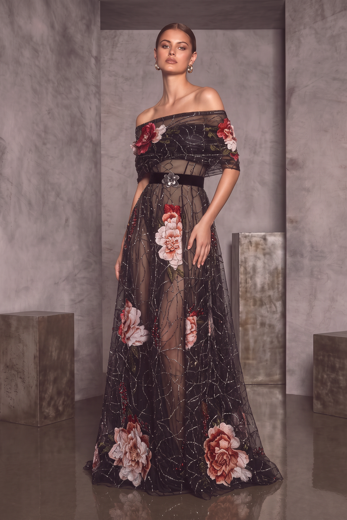 Vestido de noche con hombros descubiertos y manga corta
