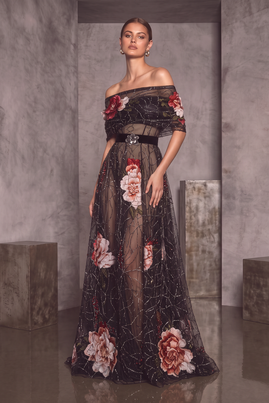 Off-Shoulder Short Sleeve Gown