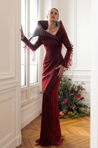 Long Sleeve Fringe Gown