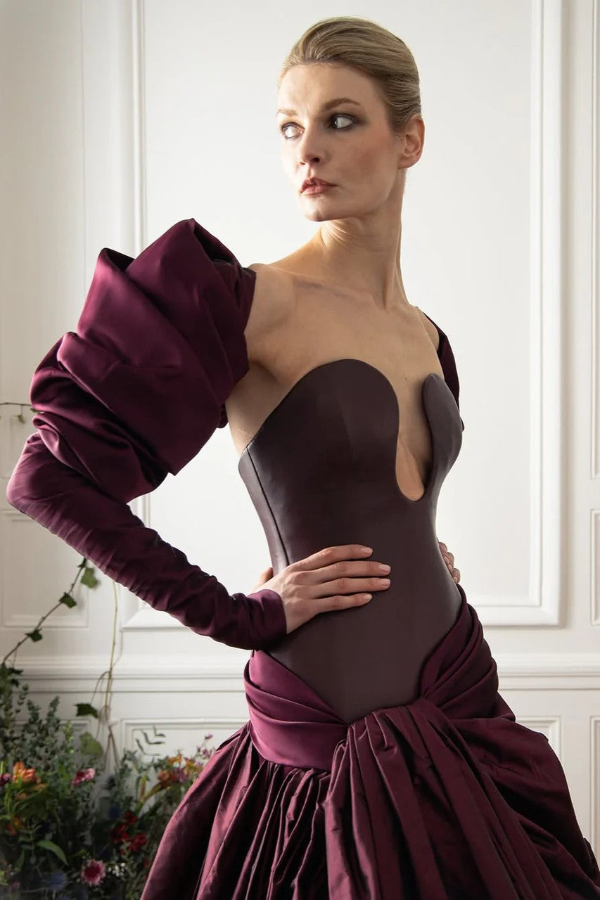 Strapless Plunge Corset Gown with Opera Sleeves